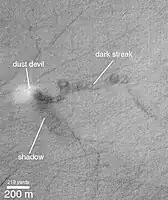 Um redemoinho de poeira gigante. Imagem fotografada pela Mars Global Surveyor.