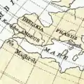 Ano 1030. Fragmento de uma reconstrução do 1912 do mapa de Albiruni. O erudito muçulmano divide a península ibérica em dois espaços territoriais: Zelikia (Galiza) e Andlus (Alandalus).