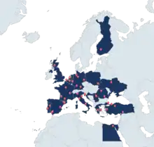 Mapa da Europa, em azul estão representados todos os países em que a EUROAVIA tem no mínimo uma AS. Também é possível visualizar pin's que representam as AS em questão.