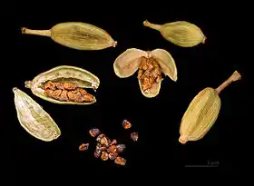 Frutos e sementes do cardamomo, usados como especiaria