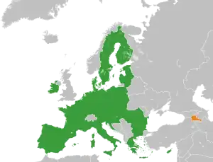 Mapa indicando localização da Armênia e da União Europeia.