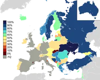 Map of countries in Europe, North Africa and Western Asia, with Australia as an insert in the top-right corner, shaded to indicate their semi-final qualification rates: countries with high rates are shown in shades of blue, while countries with low rates are shown in shades of red and orange