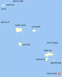 Localização da comuna de Fatu Hiva (a vermelho) nas Marquesas.