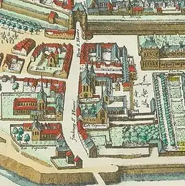 Detalhe do Plano de Mérian de 1615 (norte à esquerda): a segunda porta (acima) do século XIV o Faubourg atravessado pela rua Saint-Honore e o bastião do século XVII (parte inferior).