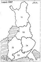 1997 10: Uleåborg, 11: Lappland, 12: Åland, 22: Södra Finland, 23: Västra Finland, 24: Östra Finland