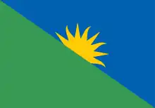 Retângulo, com proporção 10x7, dividido diagonalmente da parte superior esquerda até a parte inferior direita. A parte superior direita é azul, representando o céu. A parte inferior esquerda é verde, representando a Serra do Curral. Ao centro, sobre o fundo azul encontra-se uma representação do sol, com 16 pontas, sendo 8 delas visíveis e 8 delas cobertas pela área verde da bandeira.