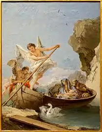 Fuga numa gôndola. Por Tiepolo, no Museu Nacional de Arte Antiga, em Portugal.