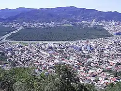 O bairro Trindade e o Manguezal do Itacorubi vistos do Morro da Cruz.