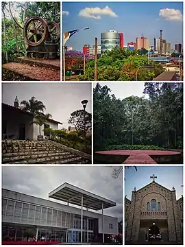 Sentido horário: Parque Ecológico Gruta Santa Luzia; visão parcial do centro da cidade a partir do bairro Matriz; Museu Barão de Mauá; Parque Ecológico Guapituba Alfredo Klinkert Junior; Teatro Municipal Anselmo Haraldt Walendy e Igreja da Imaculada Conceição de Mauá na Matriz.