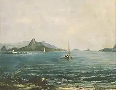 Entrada da baía do Rio de Janeiro com a Ilha Fiscal (aquarela, Friedrich Hagedorn, séc. XIX.)