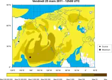 Concentração calculada de césio-137 no ar após o desastre nuclear de Fukushima, 25 de março de 2011 .