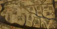 Ano 1290. Fragmento do mapa de Hereford. Destácanse en vermello as distintas áreas xeográficas e en negro as cidades. O habitual "Galicia" é substituído aquí  por Compostii (Compostela), deseñándose no interior o faro da coruña e a Catedral de Santiago e aparecendo os topónimos Bragantia (Coruña), Templum Sancti Jacobi entre outros.