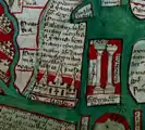 Ano ca. 1350. Fragmento do mapamundi de Ranulf Hidgen. O mapa, que coloca Xerusalén no centro do orbe terráqueo, sitúa St. Iacobi (a catedral de Santiago) ocupando todo o norte da península ibérica como o monumento mais importante do occidente europeo.