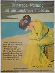 Cartaz alertando mulheres e meninas alemãs sobre o perigo do tráfico humano nos EUA (c.1900-1910).