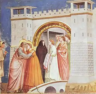 Encontro de Joaquim e Ana na Porta Dourada, de Giotto (1305), na Capela Scrovegni.