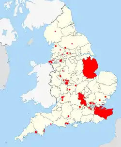 map of English local authorities (9 filled) with 37 scattered filled circles