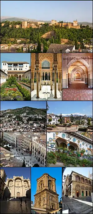 De cima para baixo e da esquerda para a direita: 1)&nbsp;palácio da Alhambra; 2)&nbsp;Generalife; 3)&nbsp;Pátio dos Leões; 4)&nbsp;Sala dos Reis; 5)&nbsp;vista dos bairros históricos do Albaicín e do Sacromonte; 6)&nbsp;Huerto del Carlos, com a Alhambra e a Serra Nevada ao fundo; 7)&nbsp;Plaza Nueva; 8)&nbsp;fachada no Albaicín; 9)&nbsp;fachada da catedral; 10)&nbsp;campanário da catedral; 11)&nbsp;Capela Real