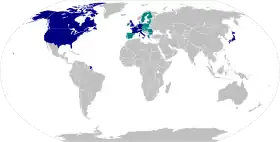 Map of G8 member nations and the European Union.