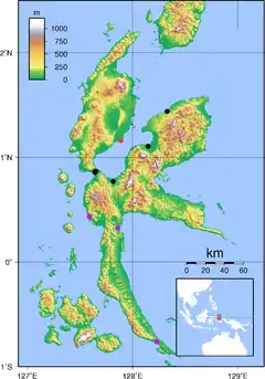 &nbsp;&nbsp;&nbsp;&nbsp;&nbsp;&nbsp; registros recentes &nbsp;&nbsp;&nbsp;&nbsp;&nbsp;&nbsp; antes de 1950 &nbsp;&nbsp;&nbsp;&nbsp;&nbsp;&nbsp; Kao townO mapa mostra a localização de Halmahera na Indonésia.