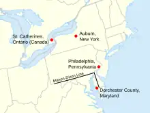 Mapa de locais em Maryland, Pensilvânia, Nova Iorque e Ontario