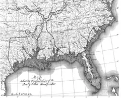 Distribuição geográfica estimada do pica-pau-bico-de-marfim por Edwin Hasbrouck; Pré-1860 (linha sólida), 1891 (área tracejada)