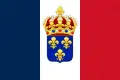 Bandeira do Reino Constitucional da França (proposta): A tricolore francesa com a coroa real e o brasão de flor-de-lis foi possivelmente desenhada pelo Conde de Chambord em sua juventude como um compromisso. Nunca chegou a ser implementada