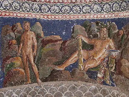 Hércules e seu sobrinho, ajudante e eromenos, Iolau.Mosaico do século I, do ninfeu de Âncio, Roma