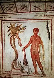 Hércules no Jardim de Hespérides, afresco na catacumba da Via Latina, em Roma, Itália