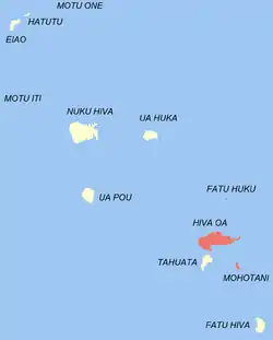 Localização da comuna de Hiva Oa (a vermelho) nas Marquesas.