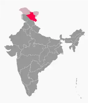 Localização do Ladaque na Índia. As áreas a vermelho são administradas de facto pela China, mas reclamadas pela Índia