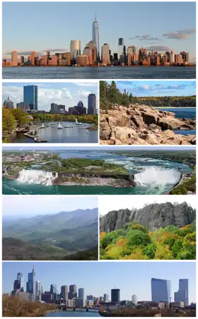 Da esquerda para a direita a partir do topo: Cidade de Nova Iorque, Boston, Parque Nacional de Acadia, Cataratas do Niágara, Montanhas Adirondack, As Palisades, Filadélfia