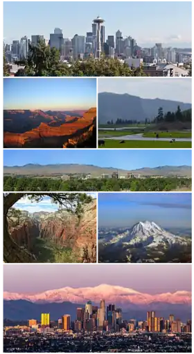 Da esquerda para a direita a partir do topo: Vista de Seattle, o Grand Canyon, Parque Nacional de Yellowstone, Vista de Boise, Angel's Landing, Monte Rainier, Vista de Los Angeles