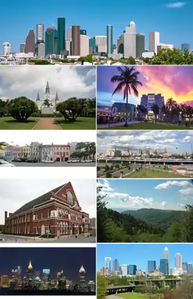 Da esquerda para a direita a partir do topo: Vista de Houston, Jackson Square em Nova Orleans, Florida International University em Miami, Rainbow Row em Charleston, Ryman Auditorium em Nashville, Great Smoky Mountains, horizonte de Atlanta, horizonte de Charlotte