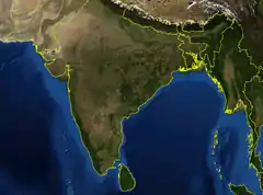 A região do golfo de Bengala e mar de Andamão (à direita), entre o Sri Lanka, Bangladesh e península da Malásia, é o habitat da espécie C. bengalensis.