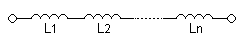Um diagrama de vários indutores, conectados ponta com ponta, com a mesma corrente passando por cada um