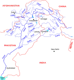 Mapa com os principais afluentes do rio Indo