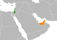 Mapa indicando localização dos Emirados Árabes Unidos e de Israel.