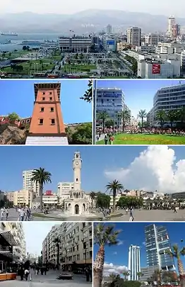 Imagens de Esmirna. De cima para baixo e da esquerda para a direita: 1) Praça Konak; 2) Edifício do Asansör (elevador), em Karataş, Konak; 3) ; 4) Torre do Relógio (Saat Kulesi), na Praça Konak; 5) Alsancak ; 6) Arranha-céus de Bayraklı.