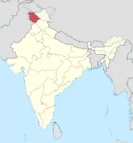 Mapa da Índia com a área de facto de Jamu e Caxemira a vermelho e as áreas disputadas com o Paquistão (a oeste) e a China (a leste) a cinzento