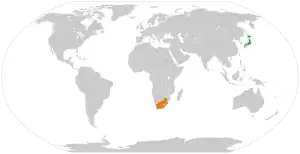 Mapa indicando localização da Japão e do África do Sul.