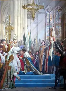 Joana d'Arc na coroação de Carlos VII em Reims (Panthéon de Paris, 1889-1890).