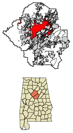 Localização nos condados de Jefferson e Shelby