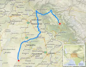 Mapa mostrando o curso de água do Jelum