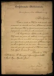 Ofício assinado por João Clapp e dirigido ao Dr. Jaguaribe, agradecendo em nome da "Confederação Abolicionista" o donativo enviado para auxiliar a propaganda desta confederação