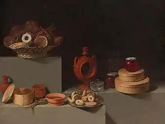 Doces, cerâmica, copos e caixas de madeira.Still Life with Sweets and Pottery por Juan van der Hamen; 1627, 85 × 113&nbsp;cm, National Gallery.