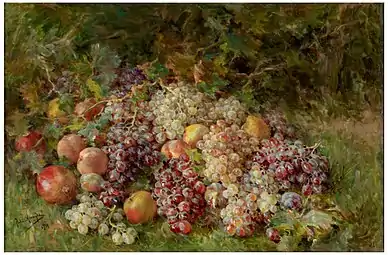 Uvas e paisagem.Fruits por Julia Alcayde y Montoya; 1926, 72 × 106&nbsp;cm, Museu do Prado.