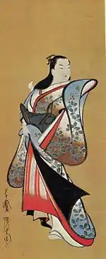 Pintura colorida de uma mulher japonesa vestida com uma roupa sofisticada