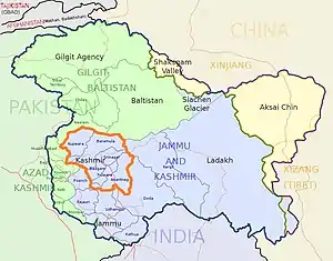 Mapa de Caxemira com o vale de Caxemira assinalado a laranja