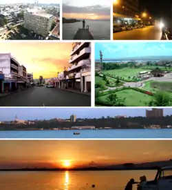 No sentido dos ponteiros do relógio: panorama do lago Vitória, panorama de Kisumu, pôr-do-sol na rua Oginga Odinga, centro de Kisumu, Kiboko Point, Kisumu à noite e estádio Jomo Kenyatta.