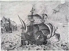 Navio de guerra e a Queda de Ícaro. Gravura a partir de um desenho de Pieter Bruegel.